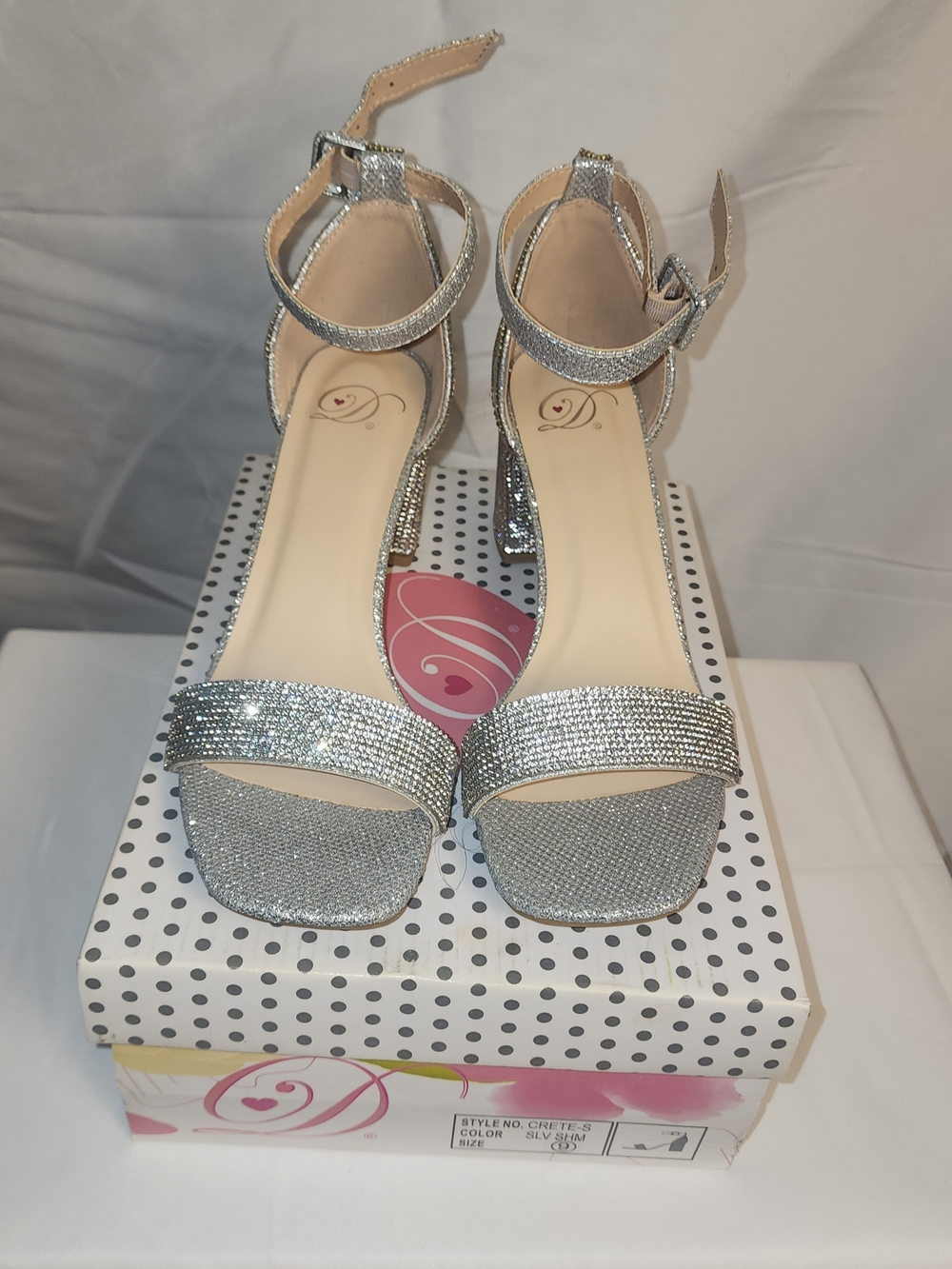 Delicious Silver Rhinestone Ankle-Strap Block Heels